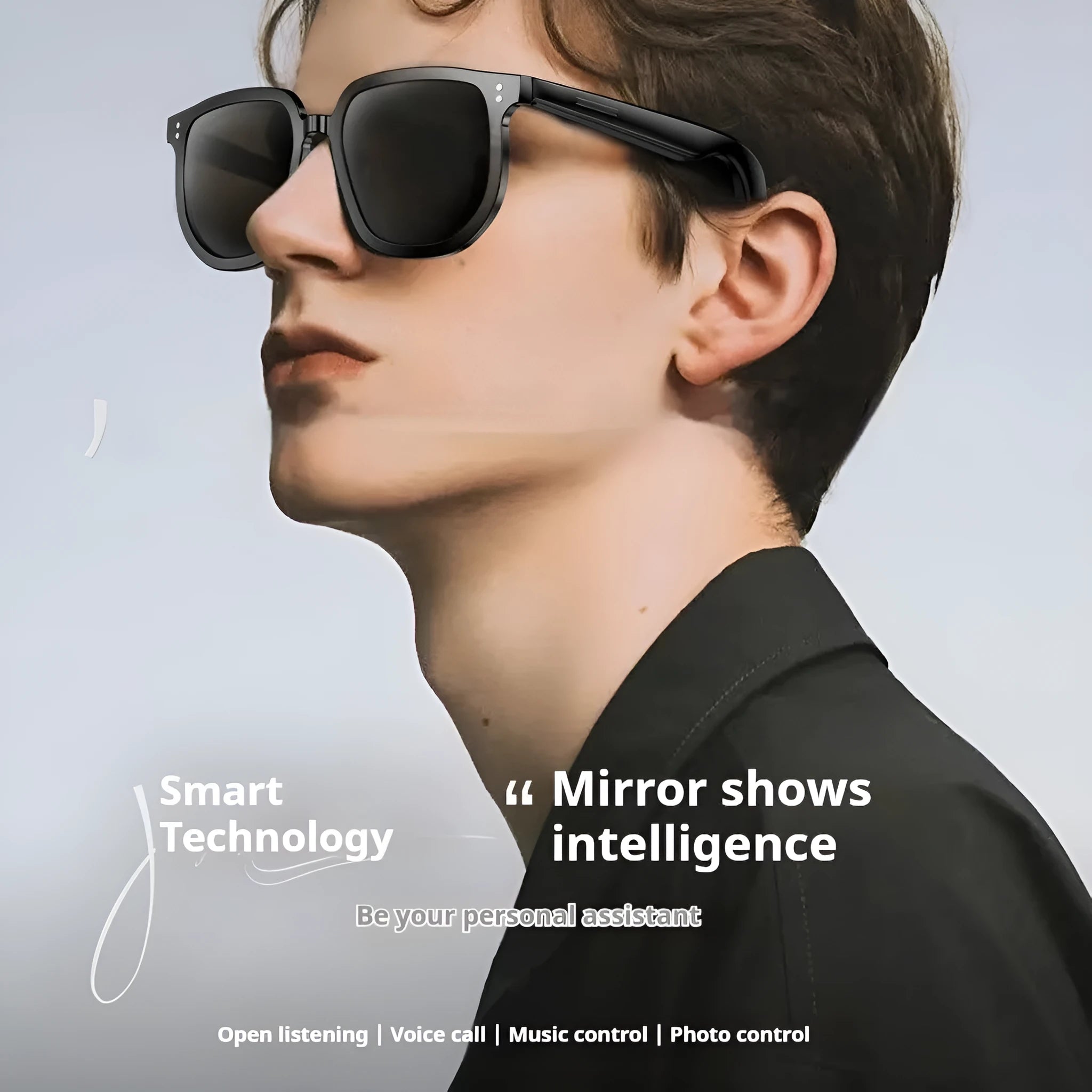 Black AI smart glasses with Bluetooth audio and touch control features