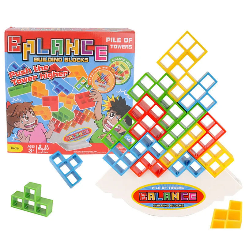 Plastic balance stacking game with 16 coloured building blocks on chassis