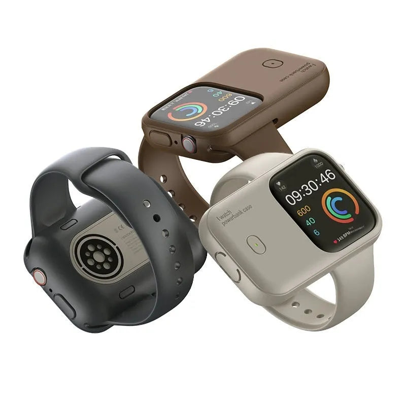 Apple Watch portable wireless charging power bank with silicone case in brown, midnight blue, or starlight colours