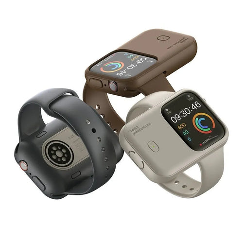 Apple Watch portable wireless charging power bank with silicone case in brown, midnight blue, or starlight colours