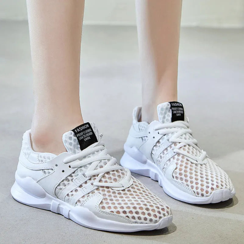 Breathable hollow-out mesh sneakers with low-top design and EVA sole in black and white colour options