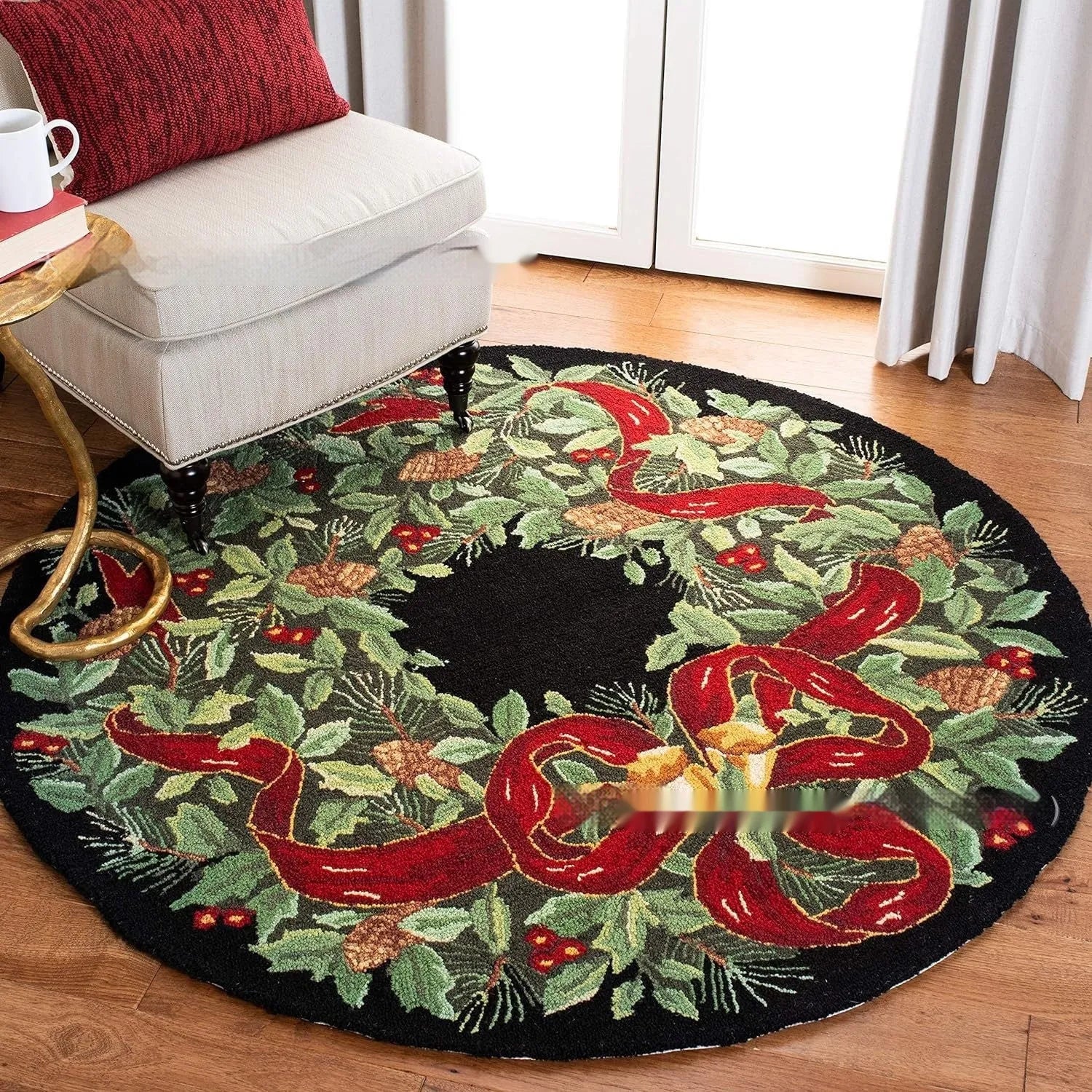 Round Christmas-themed carpet on floor, showing one of ten printed holiday blanket designs.