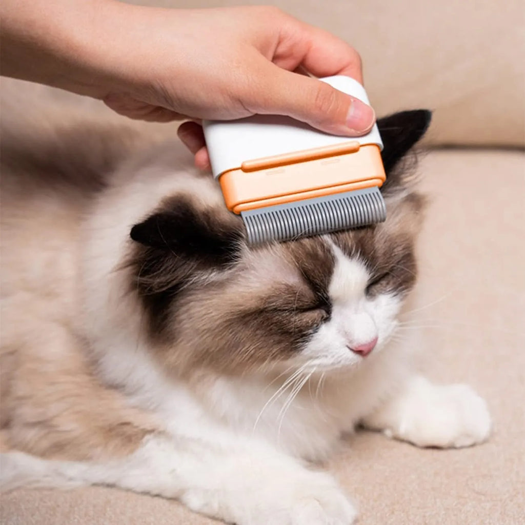 Blue double-sided pet grooming comb for deshedding and massage on cats and dogs.