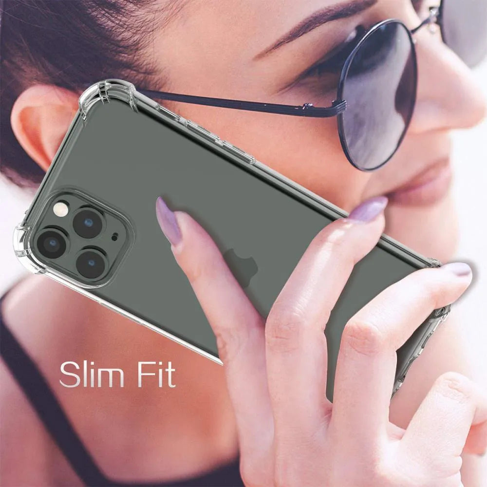 Clear transparent TPU shockproof phone case for Apple iPhone models on a table.