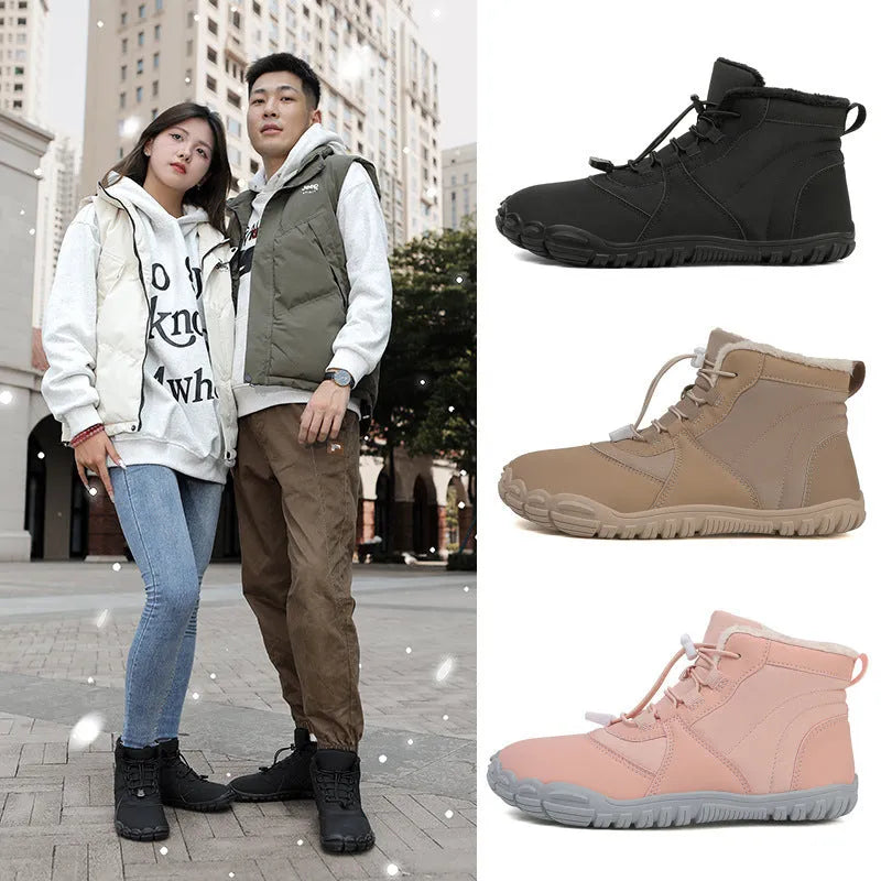 Waterproof unisex snow boots with fleece lining and non-slip rubber soles in black, pink, or khaki.