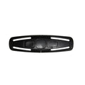 Black nylon seat belt buckle for child car seat harness, shown with a 5-point strap diagram.