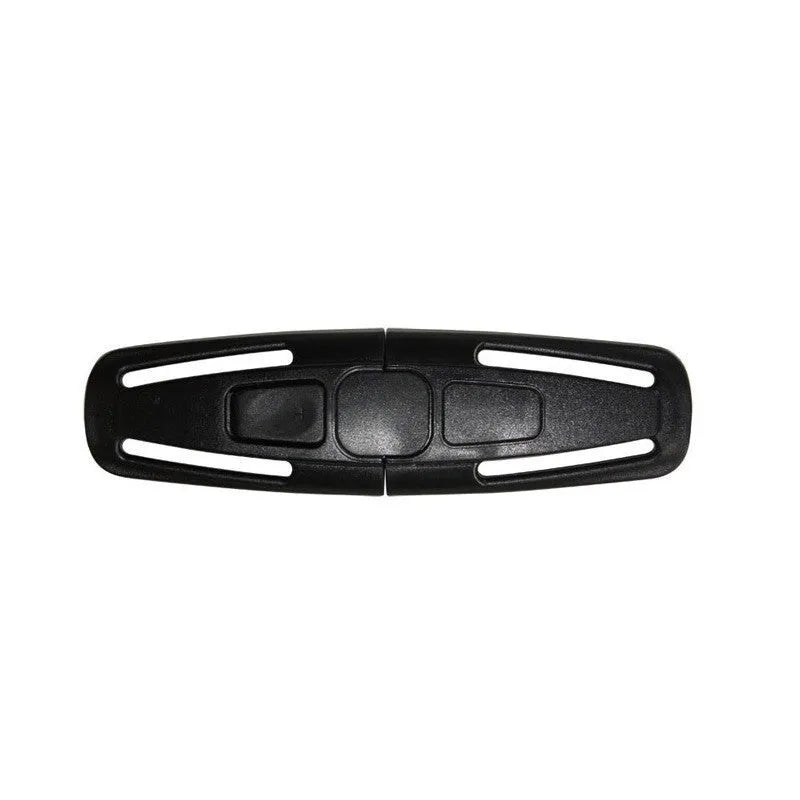 Black nylon seat belt buckle for child car seat harness, shown with a 5-point strap diagram.