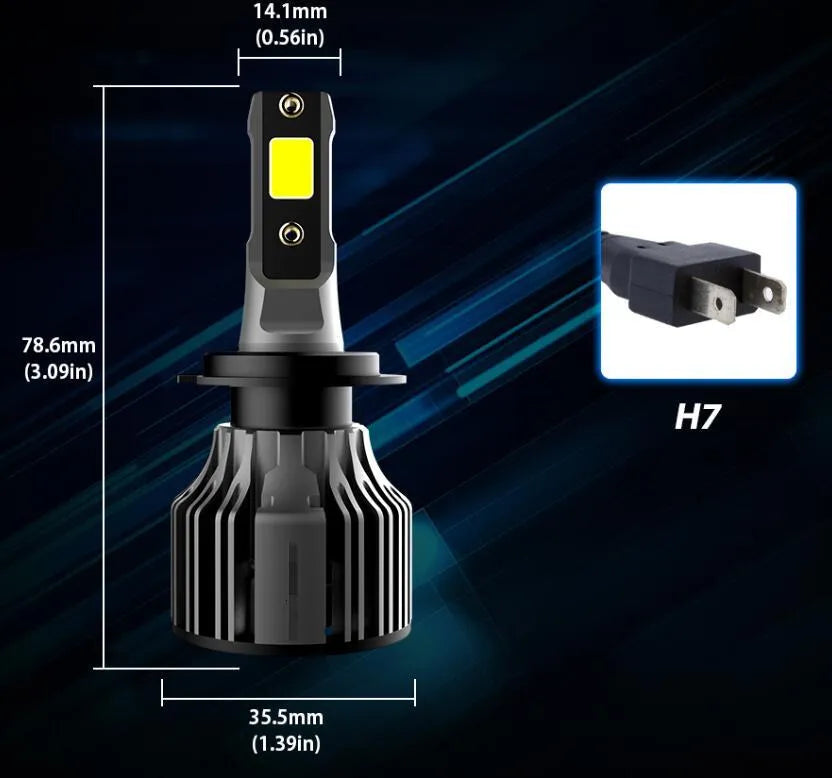 Car LED headlight bulb kit showing 6000K white light, 72W power rating, and compatible model numbers like H7 and 9005.
