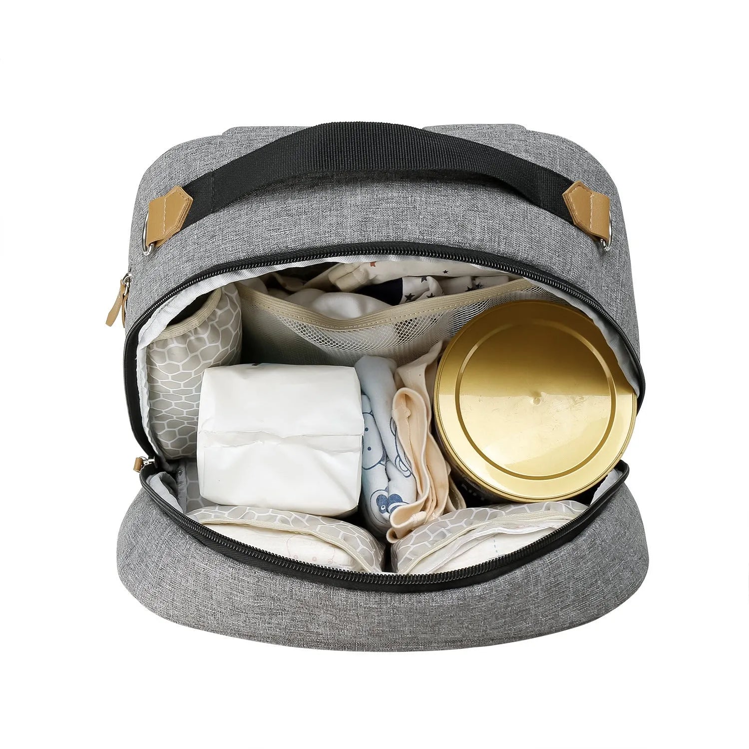 Grey insulated mother and child travel mummy backpack with curved shoulder straps and multiple compartments