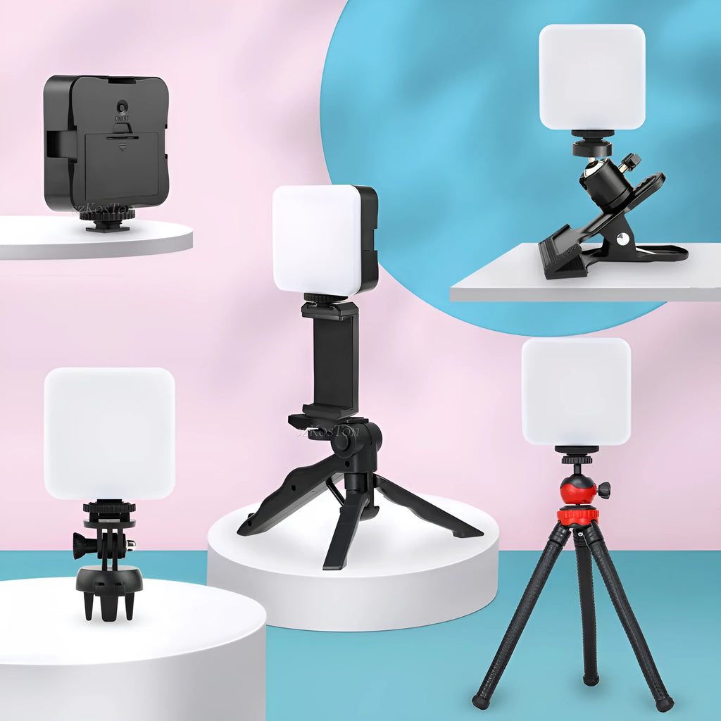 LED mini square pocket light tripod with top flash and universal camera mount