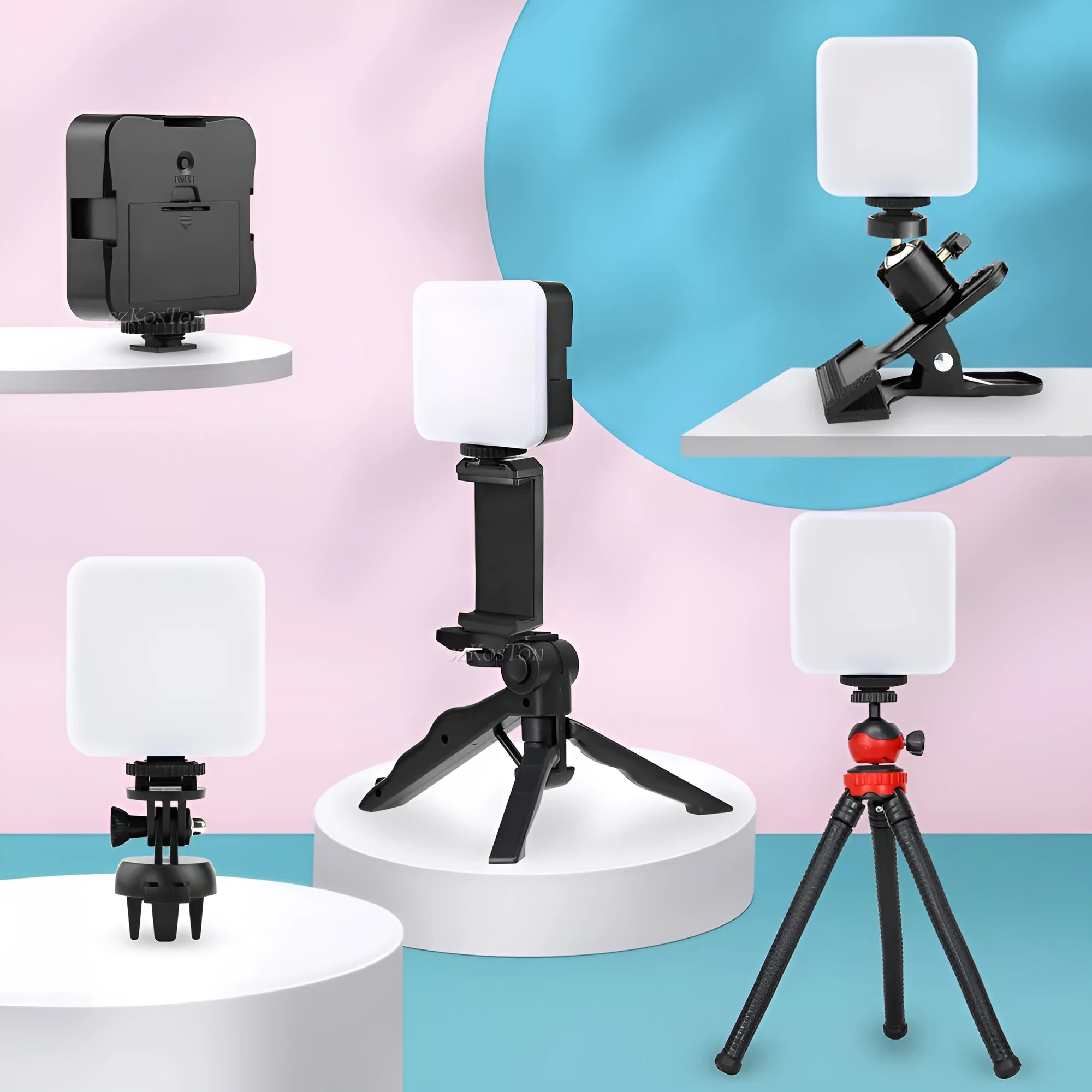 LED mini square pocket light tripod with top flash and universal camera mount