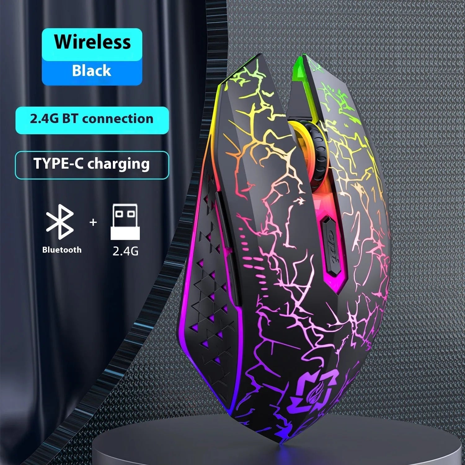 Black and white Bluetooth dual-mode gaming mouse with luminous lights and charging cable