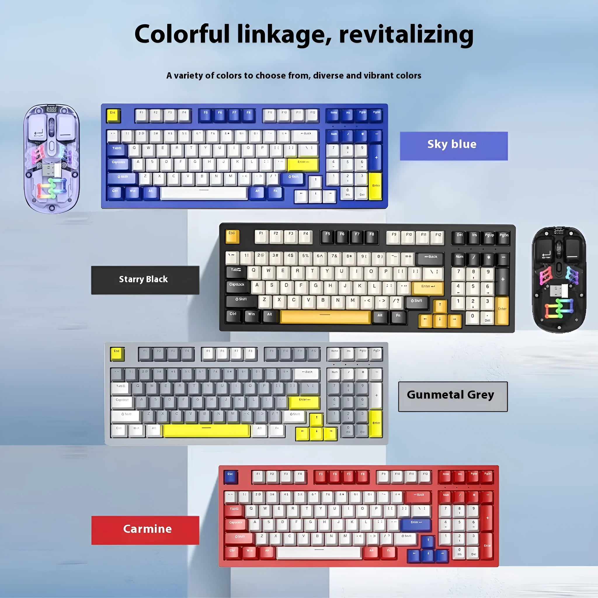 Customisable mechanical keyboard and wireless mouse set in selected colour on a desk