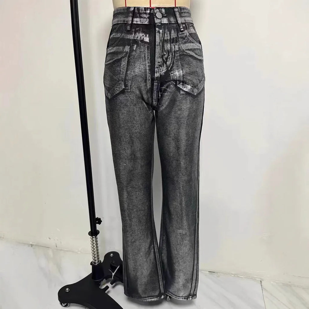 Women's blue high waist straight leg jeans with silver contrast detailing on denim fabric