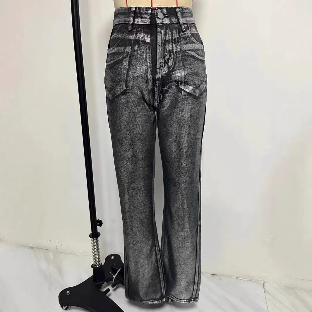 Women's blue high waist straight leg jeans with silver contrast detailing on denim fabric