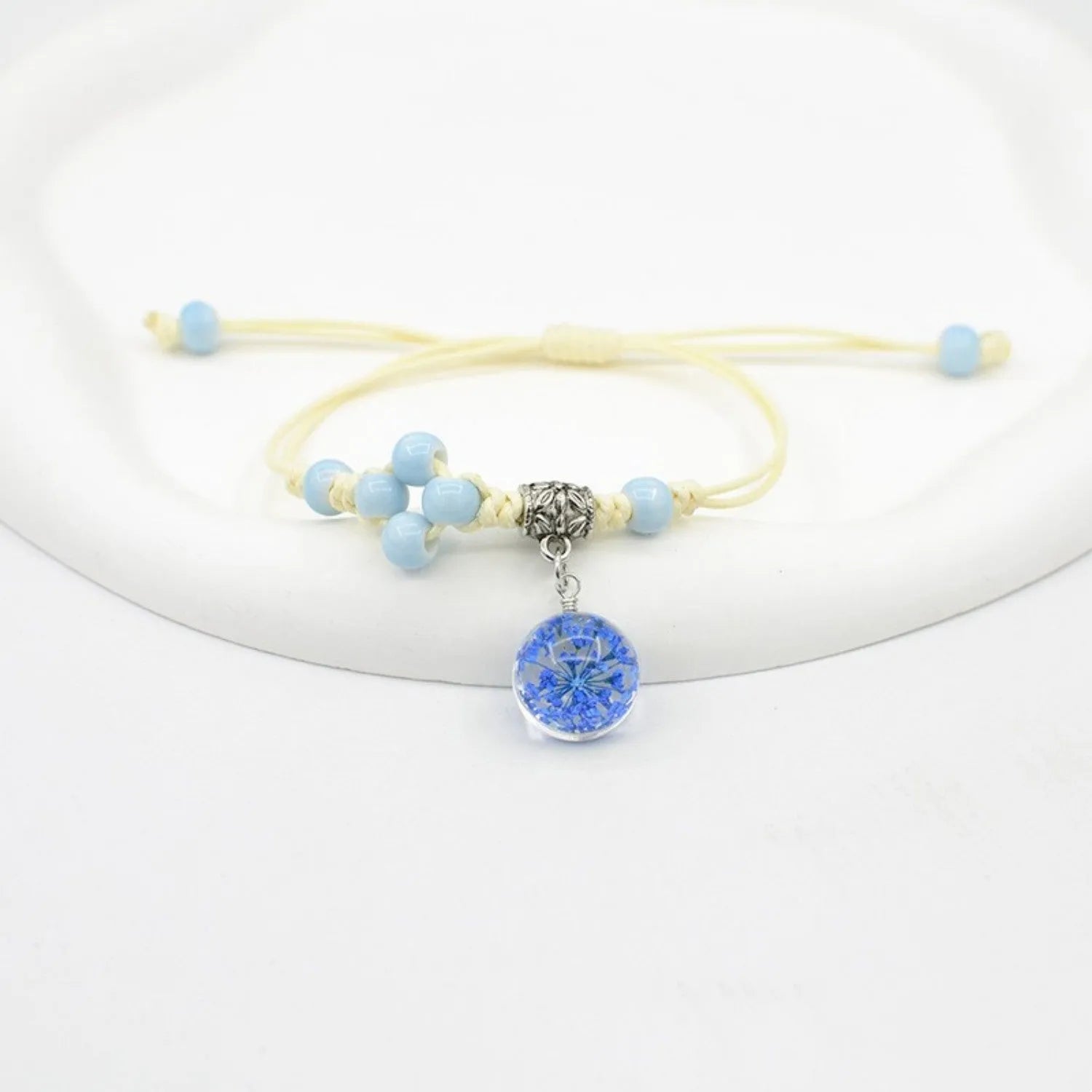 Glass dried flower bracelet with hand-woven lace and 1.4cm beads in multiple colour options