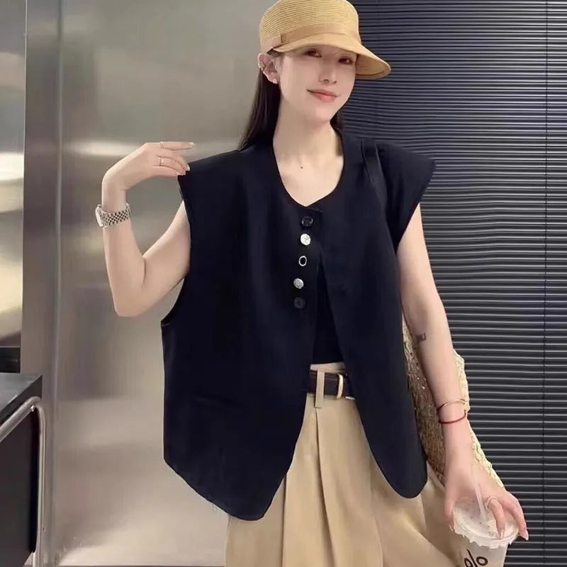 Women's loose fit polyester vest in milky white colour with front pocket