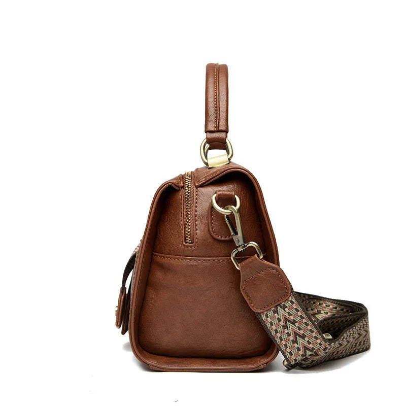 Soft PU leather women's crossbody bag in a retro horizontal square shape, shown in various colours.
