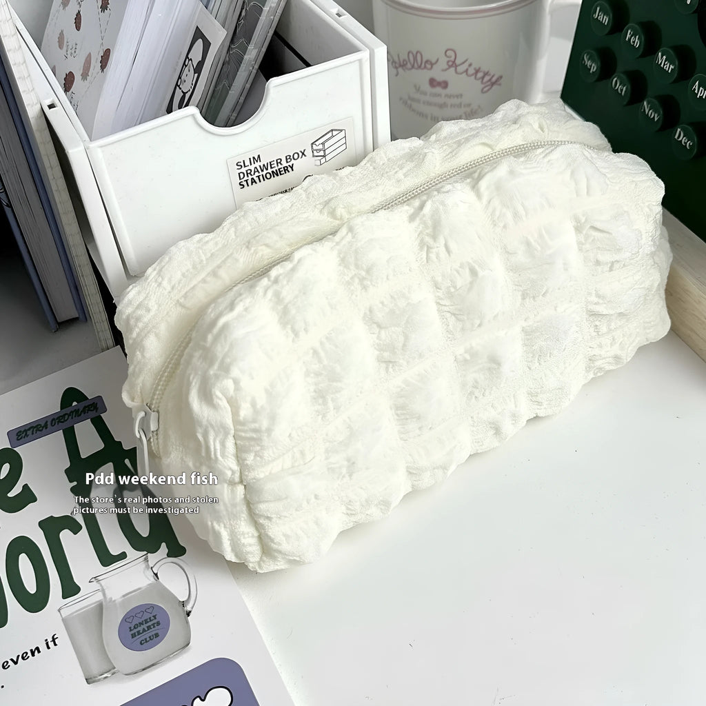 Fabric pencil case with cream puff design in beige colour option