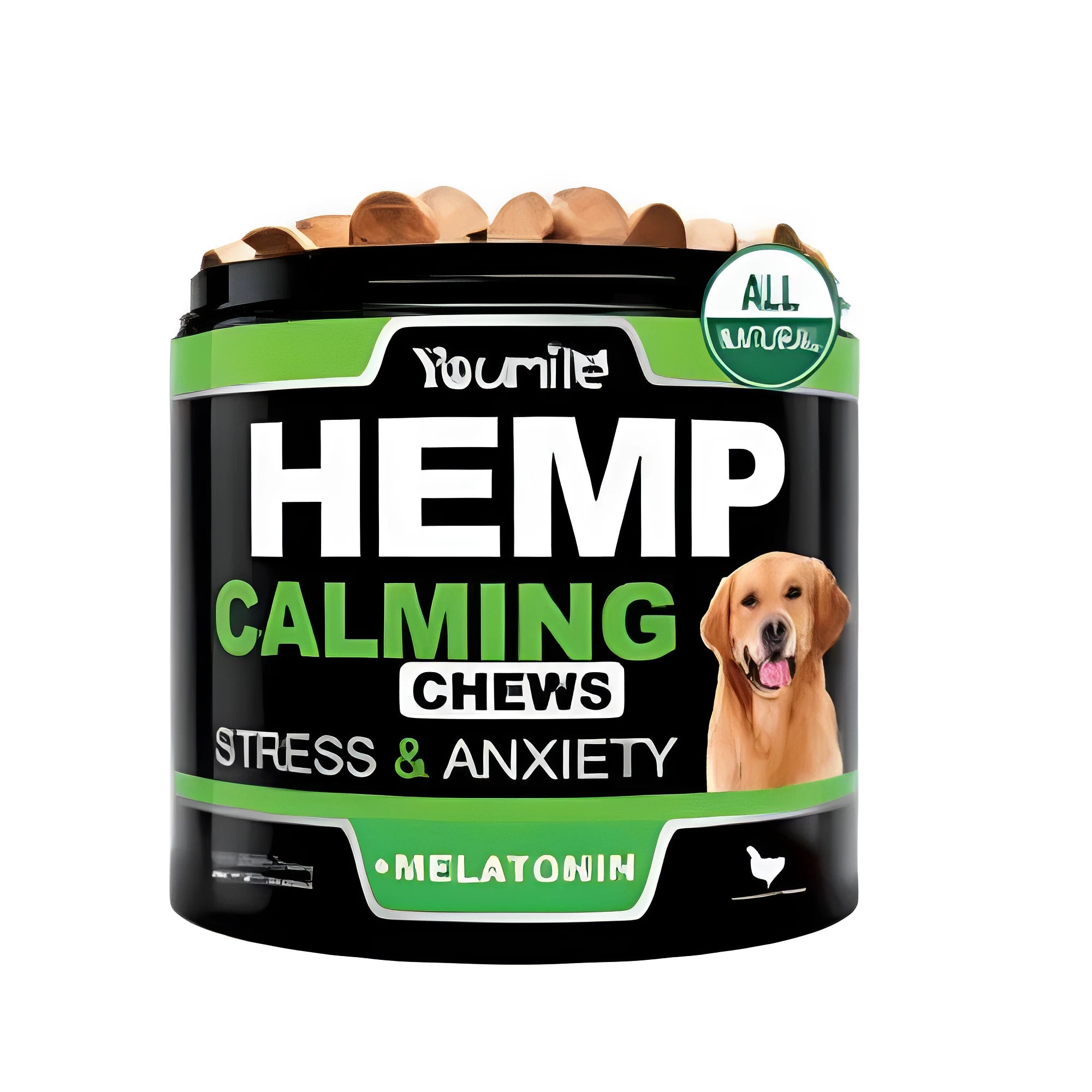Bottle of Calm Down and Chew dietary supplement containing 120 chewable capsules.