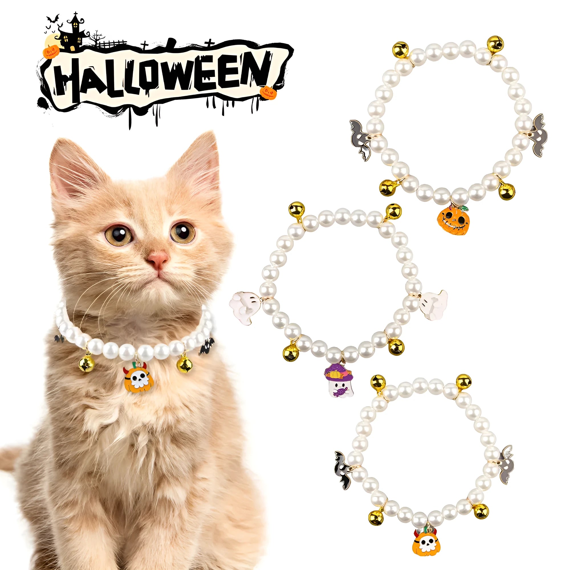 Halloween-themed cat collar with simulated pearl necklace decoration showing pumpkin designs