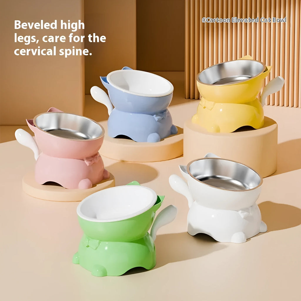 Stainless steel anti-fall oblique cat bowl in black, blue, pink and yellow colour options