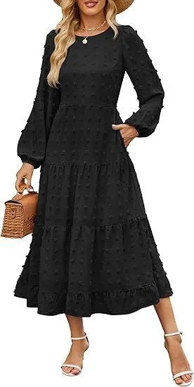 Women's autumn long sleeve dress with high waist and ruffled sleeves in solid colour