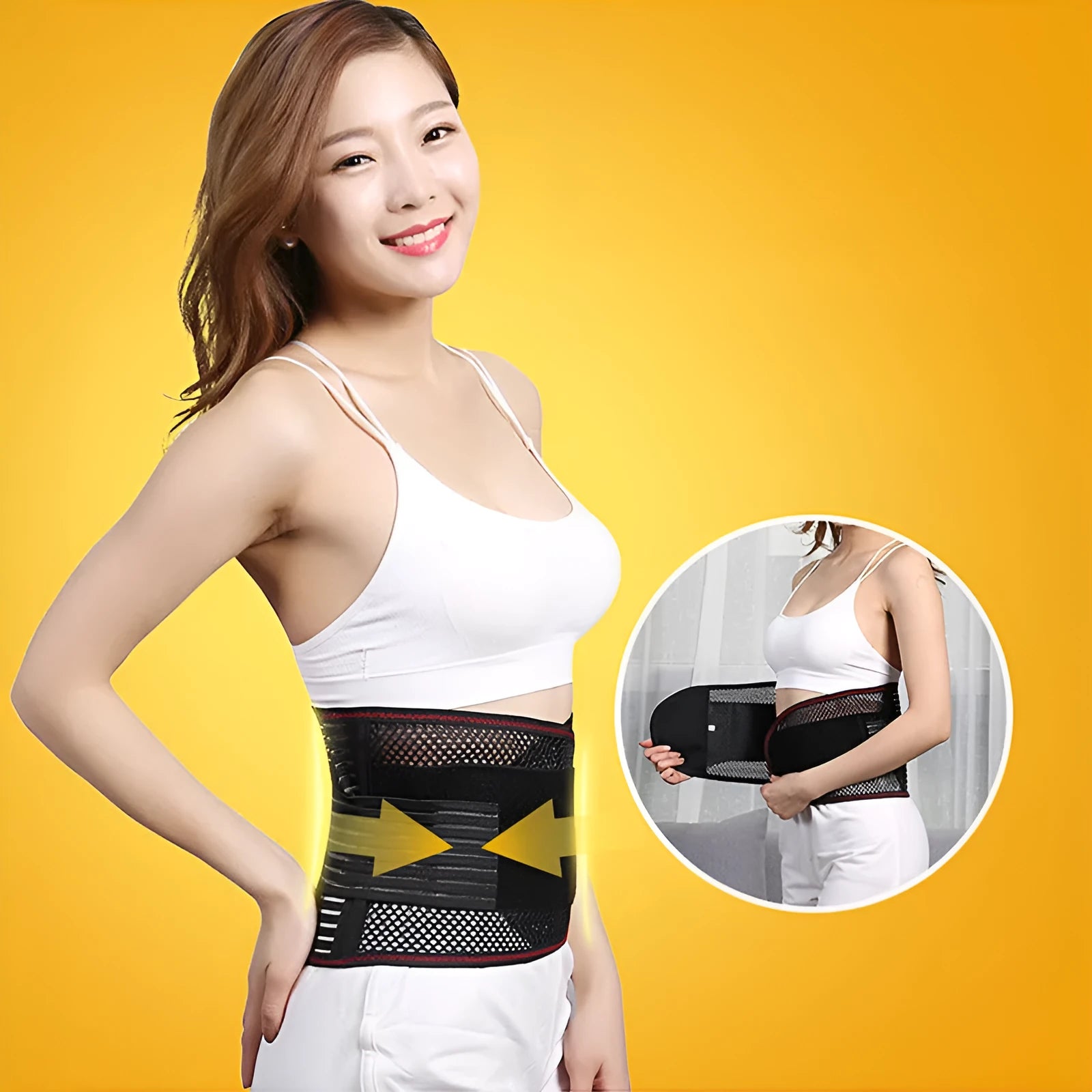 Black decompression sports waist support belt with steel plate insert shown on a model, sizes S to 2XL.