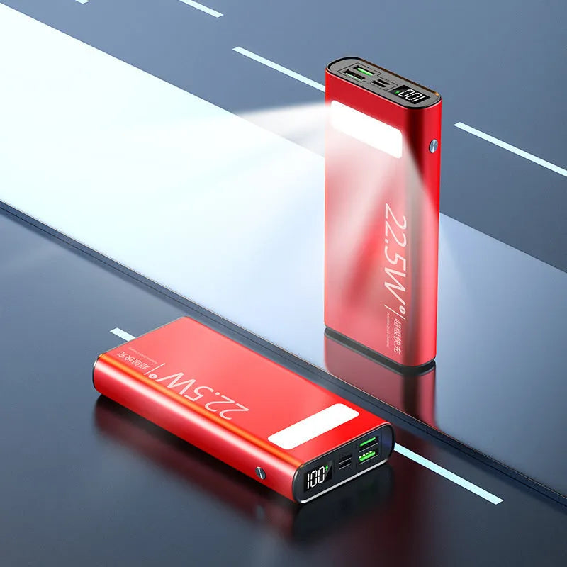 Alloy shell power bank with LCD display showing battery level, in black, green, red, or blue colour.