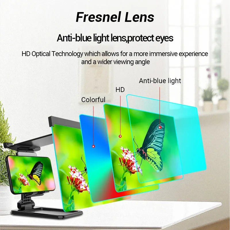 Black folding mobile phone screen amplifier with detachable holder showing 12-inch curved display