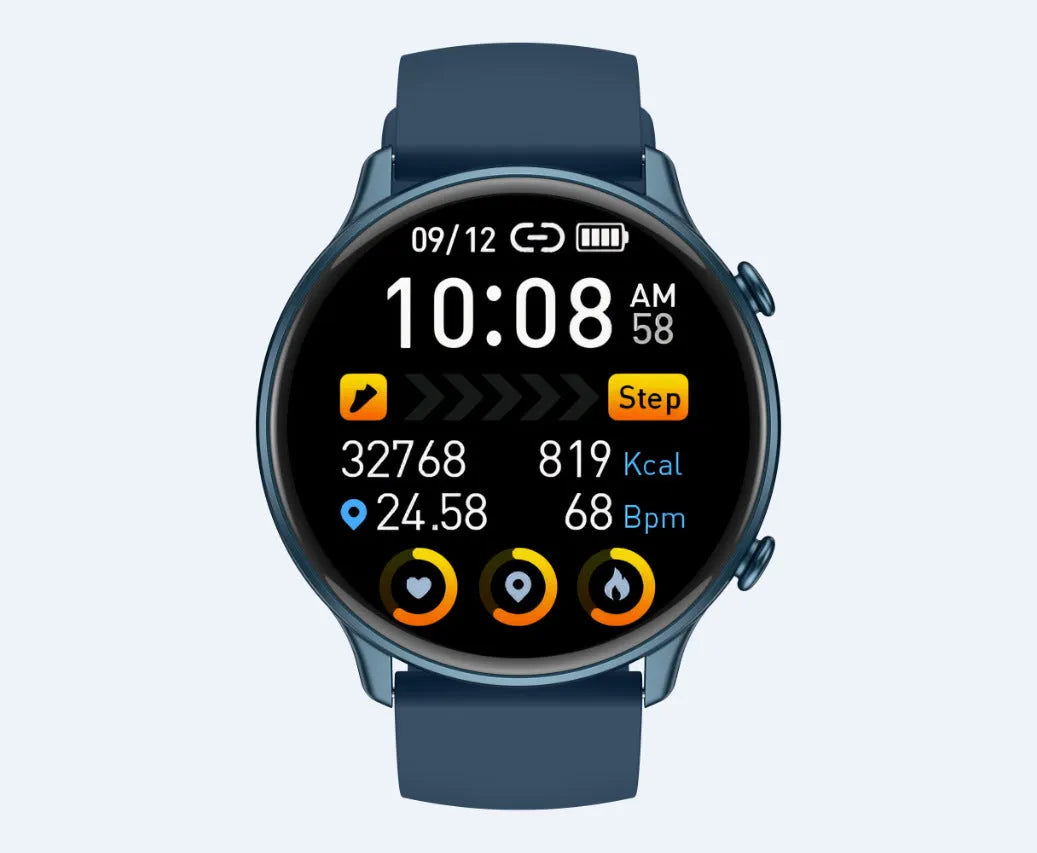 Round smart sports watch with touch screen showing heart rate monitoring display
