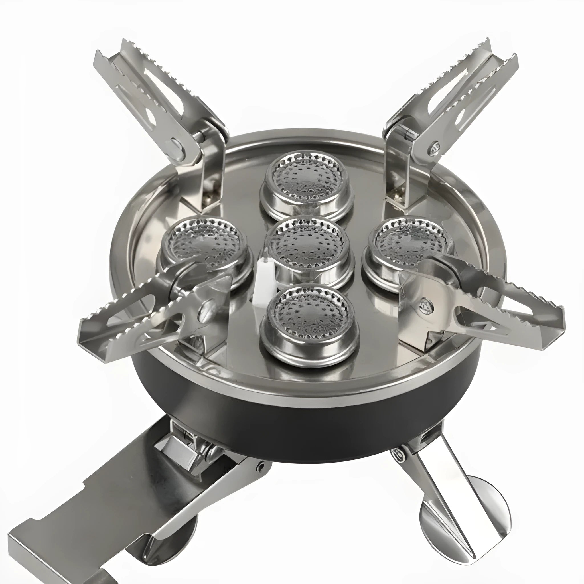 Silver folding stainless steel split camping stove with copper fittings and extended hose