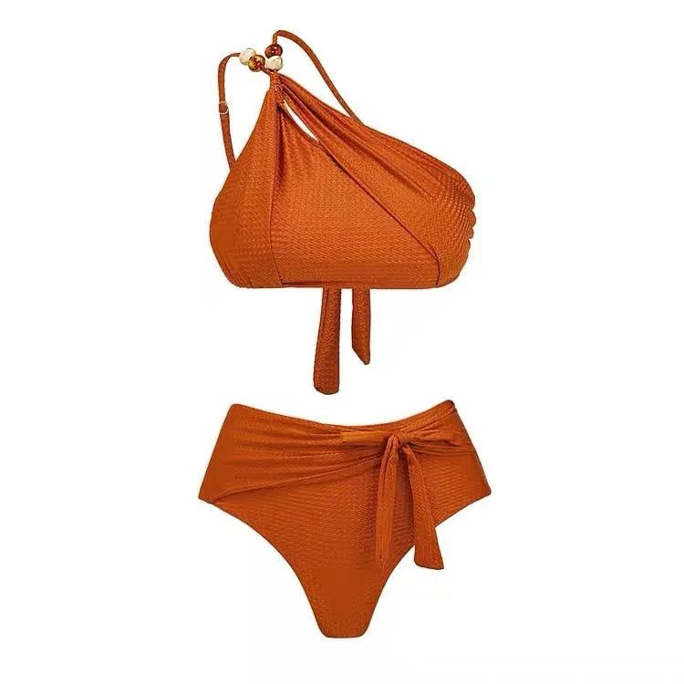 Women's high-waisted push-up swimsuit with brown chiffon dress cover-up showing split skirt design