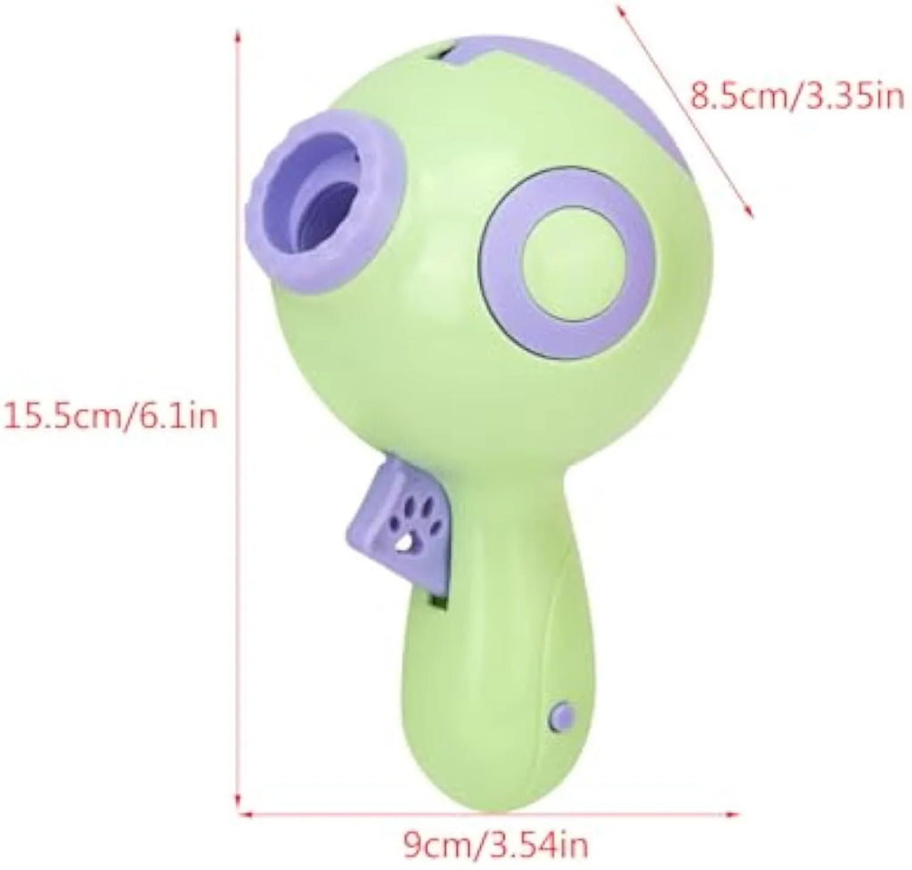 Green, orange and pink dog treat launcher toy for interactive training and slow feeding