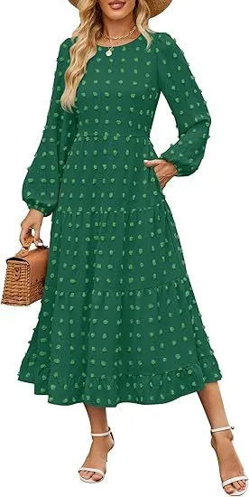 Women's autumn long sleeve dress with high waist and ruffled sleeves in solid colour