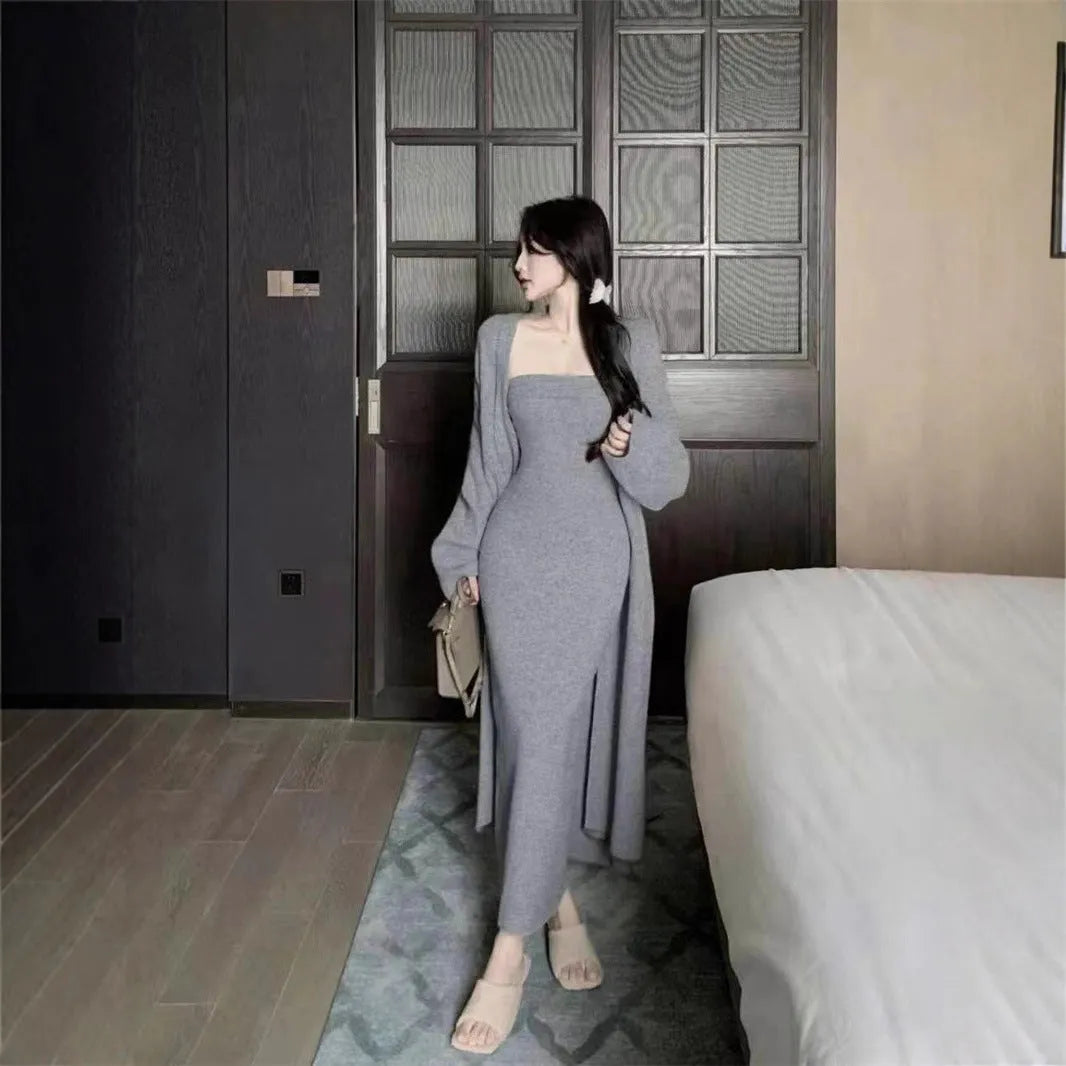 Women's grey knitted cardigan and long skirt dress two-piece suit set