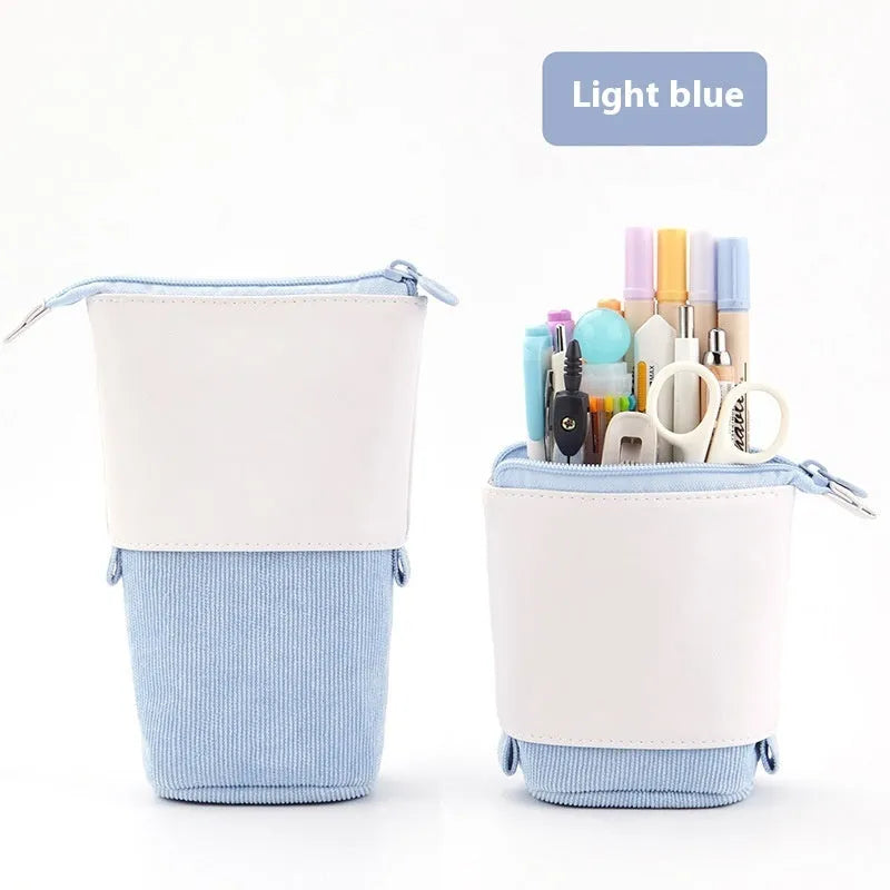 Korean style corduroy telescopic stationery case in six colour options with drop-down design