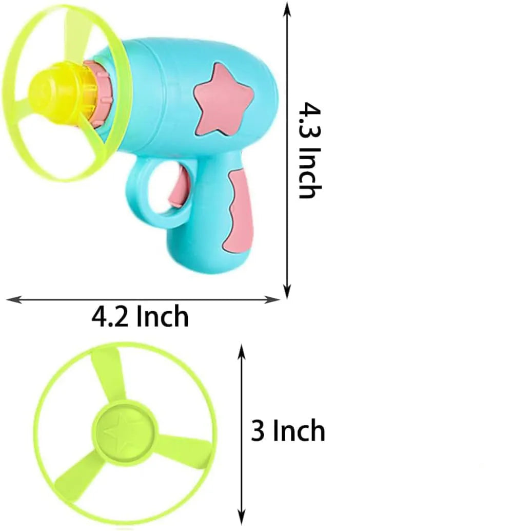 Blue plastic cat toy gun with frisbee launcher for indoor cats on white background