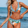 Women's floral print high-waist bikini set in polyester fabric for swimming
