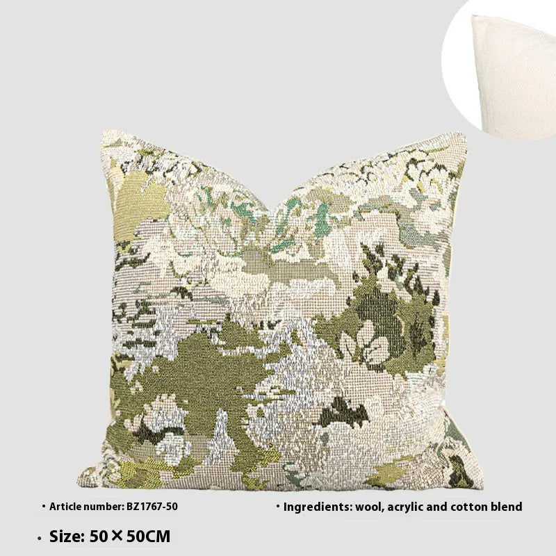 Green abstract floral pattern on a square wool blend decorative cushion pillow.