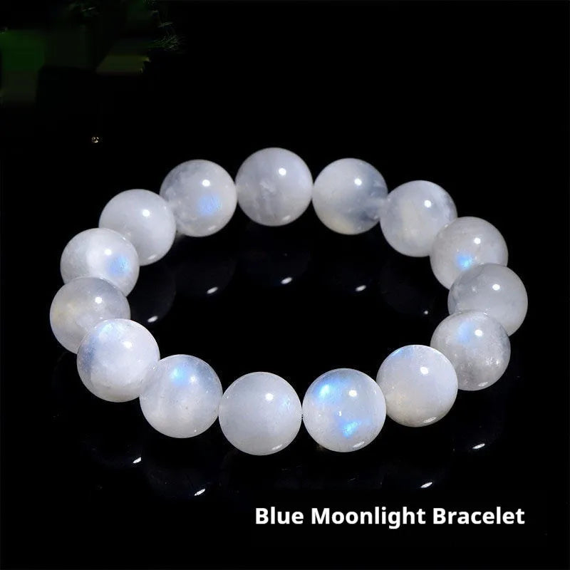 Natural blue moonlight stone round bead bracelet with geometric shapes and polished finish
