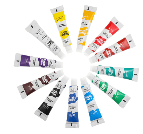 Set of acrylic, gouache, watercolour and oil painting tubes in 12 colours for multiple artistic mediums