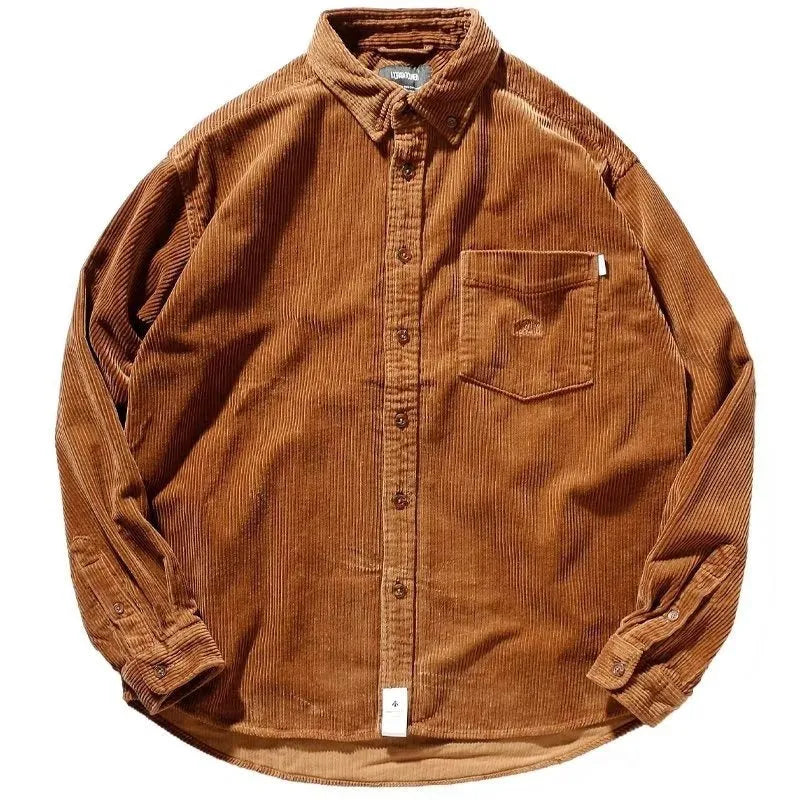 Caramel coloured corduroy long sleeve cardigan shirt with Hong Kong Japanese style loose fit design