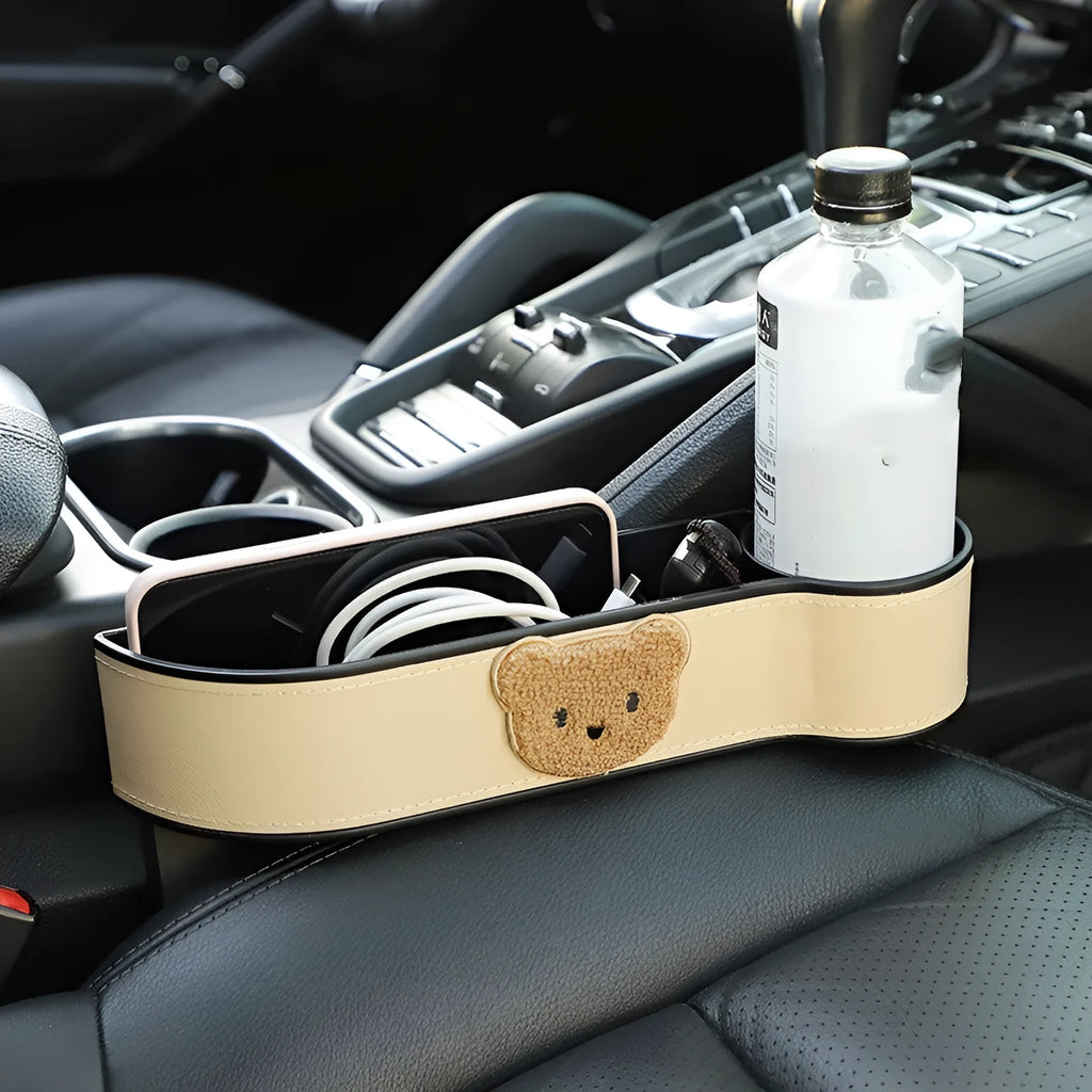 Leather car seat gap storage organiser with cartoon bear design options