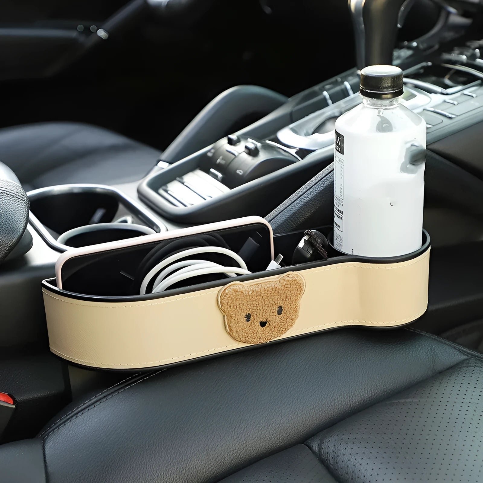 Leather car seat gap storage organiser with cartoon bear design options