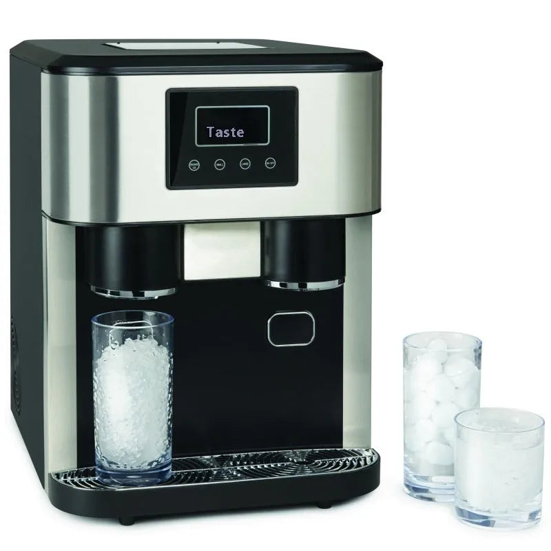 Black desktop ice maker with stainless steel trim showing ice production and water dispensing functions