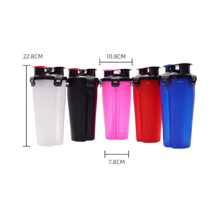 Portable dog water bottle and food storage container in assorted colours showing water and food compartments
