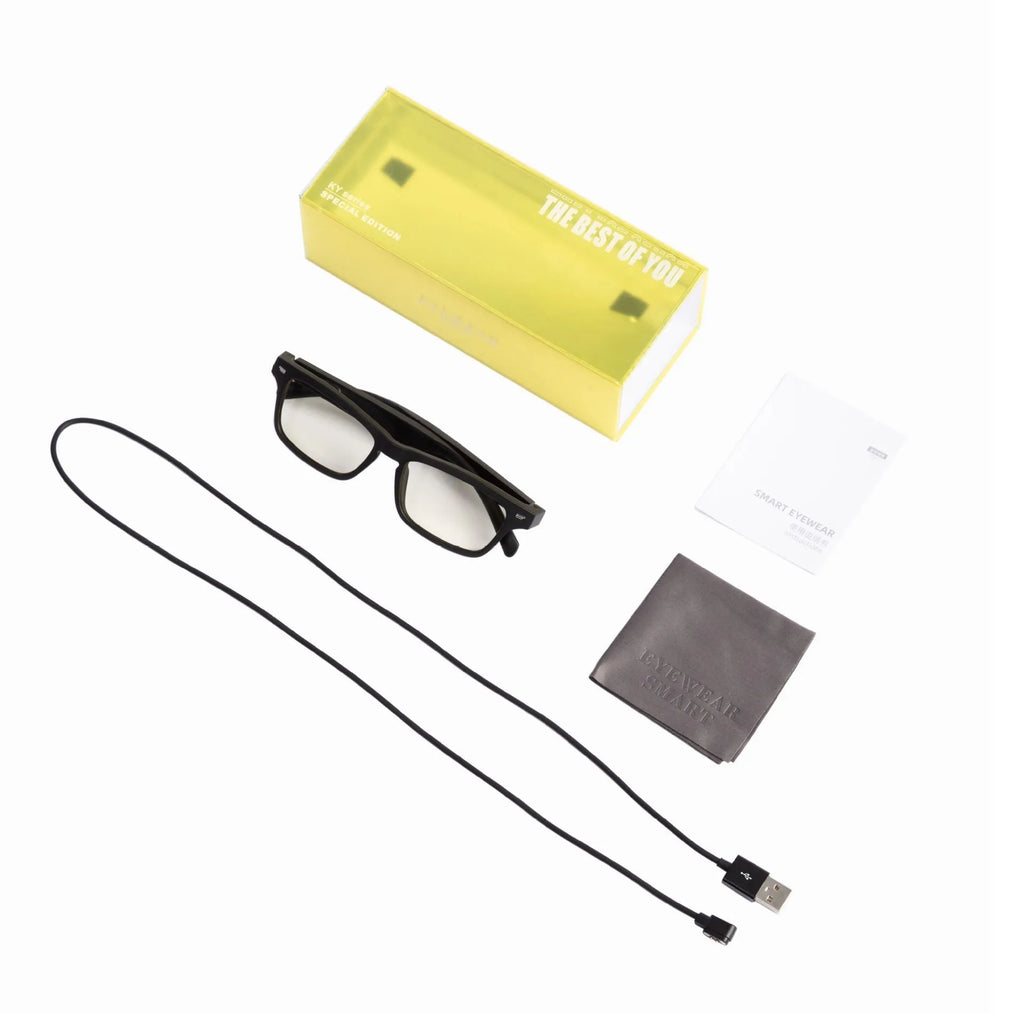 Smart Bluetooth glasses with semi-open audio speakers and UV-protective lenses on a PC+ABS frame.