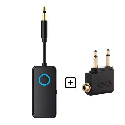 Black Bluetooth 5.4 audio adapter with 3.5mm plug for wireless streaming.