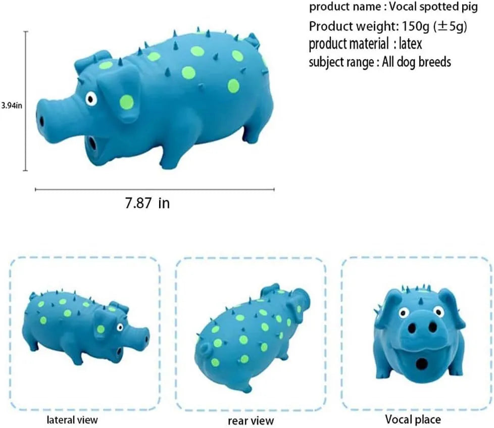 Blue latex pig-shaped dog chew toy with textured surface and squeaky function